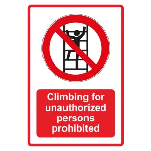 Schild Verbotszeichen Piktogramm & Text englisch · Climbing for unauthorized persons prohibited · rot (Verbotsschild)