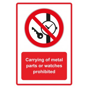 Schild Verbotszeichen Piktogramm & Text englisch · Carrying of metal parts or watches prohibited · rot | selbstklebend (Verbotsschild)