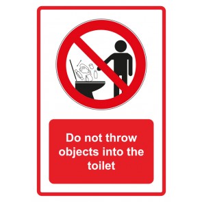 Schild Verbotszeichen Piktogramm & Text englisch · Do not throw objects into the toilet · rot | selbstklebend