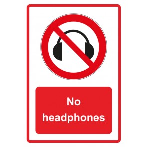 Schild Verbotszeichen Piktogramm & Text englisch · No headphones · rot | selbstklebend
