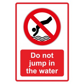 Schild Verbotszeichen Piktogramm & Text englisch · Do not jump in the water · rot | selbstklebend