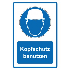 Schild Gebotzeichen Piktogramm & Text deutsch · Kopfschutz benutzen · blau (Gebotsschild)