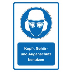 Aufkleber Gebotszeichen Piktogramm & Text deutsch · Kopf-, Gehör- und Augenschutz benutzen · blau (Gebotsaufkleber)