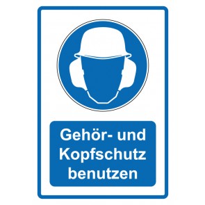 Schild Gebotszeichen Piktogramm & Text deutsch · Gehör- und Kopfschutz benutzen · blau | selbstklebend (Gebotsschild)