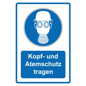 Schild Gebotszeichen Piktogramm & Text deutsch · Kopf- und Atemschutz tragen · blau | selbstklebend (Gebotsschild)