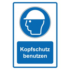 Aufkleber Gebotszeichen Piktogramm & Text deutsch · Kopfschutz benutzen · blau (Gebotsaufkleber)