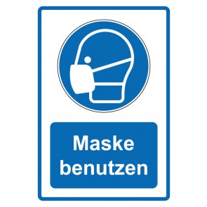 Schild Gebotzeichen Piktogramm & Text deutsch · Maske benutzen · blau