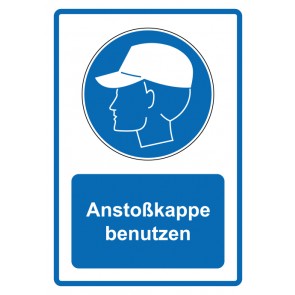 Schild Gebotzeichen Piktogramm & Text deutsch · Anstoßkappe benutzen · blau