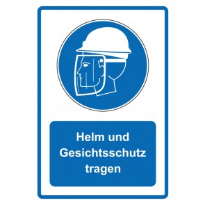 Schild Gebotzeichen Piktogramm & Text deutsch · Helm und Gesichtsschutz tragen · blau