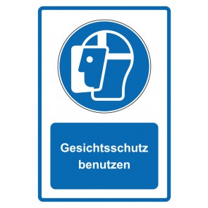 Schild Gebotzeichen Piktogramm & Text deutsch · Gesichtsschutz benutzen · blau (Gebotsschild)