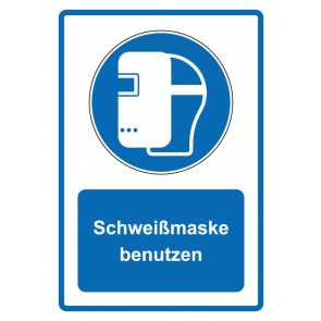 Schild Gebotzeichen Piktogramm & Text deutsch · Schweißmaske benutzen · blau