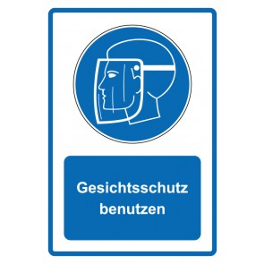 Schild Gebotzeichen Piktogramm & Text deutsch · Gesichtsschutz benutzen · blau