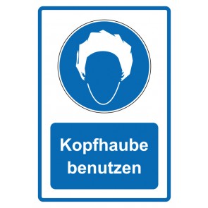 Schild Gebotzeichen Piktogramm & Text deutsch · Kopfhaube benutzen · blau (Gebotsschild)