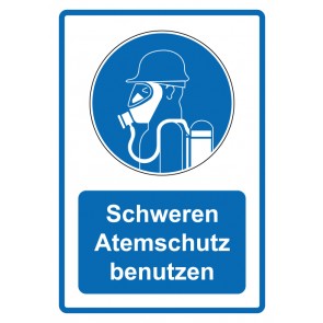 Schild Gebotzeichen Piktogramm & Text deutsch · Schweren Atemschutz benutzen · blau (Gebotsschild)