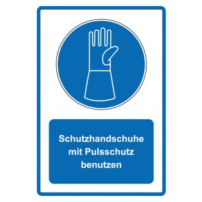 Schild Gebotszeichen Piktogramm & Text deutsch · Schutzhandschuhe mit Pulsschutz benutzen · blau | selbstklebend (Gebotsschild)