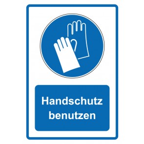 Schild Gebotzeichen Piktogramm & Text deutsch · Handschutz benutzen · blau (Gebotsschild)