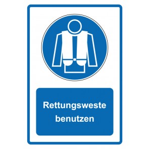 Aufkleber Gebotszeichen Piktogramm & Text deutsch · Rettungsweste benutzen · blau (Gebotsaufkleber)