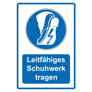 Aufkleber Gebotszeichen Piktogramm & Text deutsch · Leitfähiges Schuhwerk tragen · blau | stark haftend (Gebotsaufkleber)