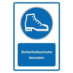 Schild Gebotzeichen Piktogramm & Text deutsch · Sicherheitsschuhe benutzen · blau (Gebotsschild)