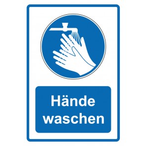 Schild Gebotzeichen Piktogramm & Text deutsch · Hände waschen · blau (Gebotsschild)