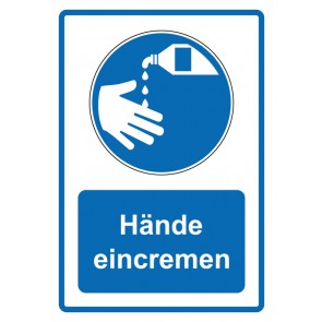 Aufkleber Gebotszeichen Piktogramm & Text deutsch · Hände eincremen · blau (Gebotsaufkleber)