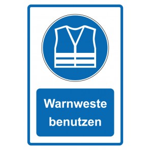 Schild Gebotzeichen Piktogramm & Text deutsch · Warnweste benutzen · blau (Gebotsschild)