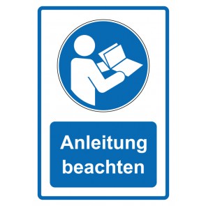 Schild Gebotzeichen Piktogramm & Text deutsch · Anleitung beachten · blau (Gebotsschild)
