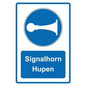 Schild Gebotszeichen Piktogramm & Text deutsch · Signalhorn Hupen · blau | selbstklebend (Gebotsschild)