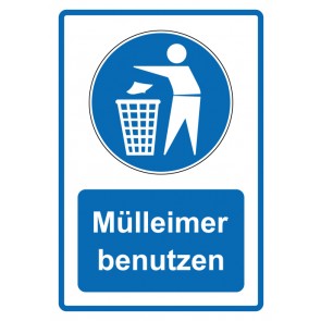 Schild Gebotzeichen Piktogramm & Text deutsch · Mülleimer benutzen · blau (Gebotsschild)