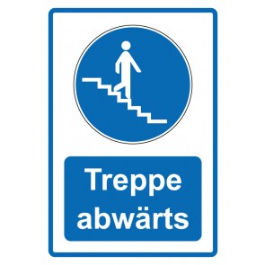 Schild Gebotzeichen Piktogramm & Text deutsch · Treppe abwärts · blau (Gebotsschild)