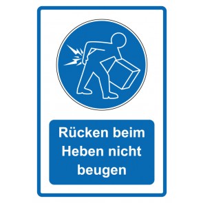 Schild Gebotzeichen Piktogramm & Text deutsch · Rücken beim Heben nicht beugen · blau (Gebotsschild)