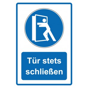 Schild Gebotzeichen Piktogramm & Text deutsch · Tür stets schließen · blau