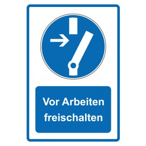 Aufkleber Gebotszeichen Piktogramm & Text deutsch · Vor Arbeiten freischalten · blau (Gebotsaufkleber)