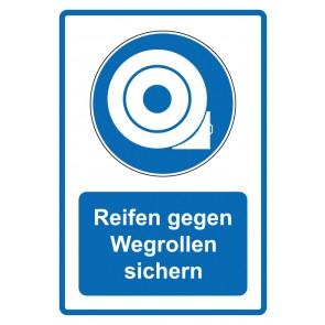 Schild Gebotszeichen Piktogramm & Text deutsch · Reifen gegen Wegrollen sichern · blau | selbstklebend (Gebotsschild)