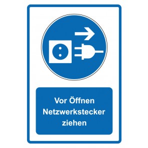 Aufkleber Gebotszeichen Piktogramm & Text deutsch · Vor Öffnen Netzwerkstecker ziehen · blau (Gebotsaufkleber)