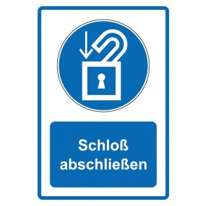 Aufkleber Gebotszeichen Piktogramm & Text deutsch · Schloß abschließen · blau (Gebotsaufkleber)