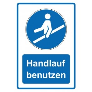 Aufkleber Gebotszeichen Piktogramm & Text deutsch · Handlauf benutzen · blau (Gebotsaufkleber)