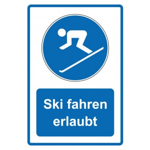 Aufkleber Gebotszeichen Piktogramm & Text deutsch · Ski fahren erlaubt · blau | stark haftend (Gebotsaufkleber)