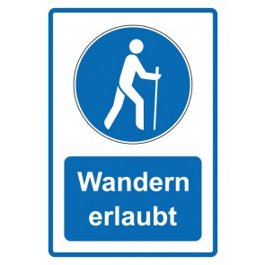 Aufkleber Gebotszeichen Piktogramm & Text deutsch · Wandern erlaubt · blau (Gebotsaufkleber)