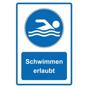 Schild Gebotzeichen Piktogramm & Text deutsch · Schwimmen erlaubt · blau (Gebotsschild)