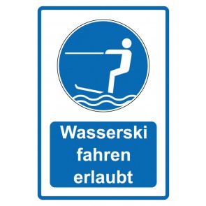Schild Gebotzeichen Piktogramm & Text deutsch · Wasserski fahren erlaubt · blau (Gebotsschild)