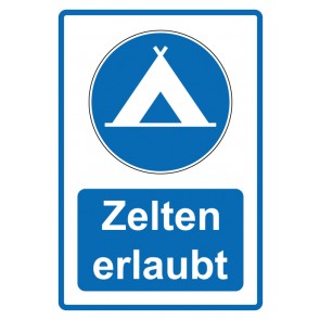 Schild Gebotzeichen Piktogramm & Text deutsch · Zelten erlaubt · blau