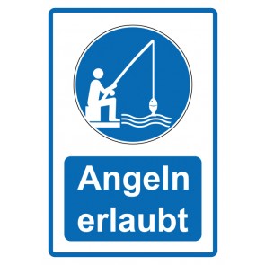 Schild Gebotzeichen Piktogramm & Text deutsch · Angeln erlaubt · blau