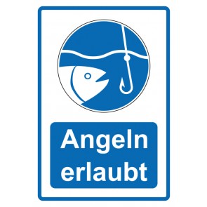 Schild Gebotzeichen Piktogramm & Text deutsch · Angeln erlaubt · blau