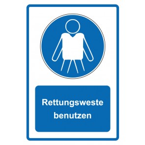 Schild Gebotzeichen Piktogramm & Text deutsch · Rettungsweste benutzen · blau (Gebotsschild)
