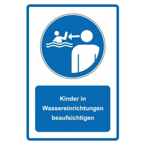 Schild Gebotzeichen Piktogramm & Text deutsch · Kinder in Wassereinrichtungen beaufsichtigen · blau