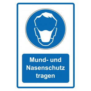 Schild Gebotzeichen Piktogramm & Text deutsch · Mund- und Nasenschutz tragen · blau