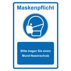 Schild Gebotzeichen Piktogramm & Text deutsch · Maskenpflicht · Bitte tragen Sie einen Mund-Nasenschutz · blau