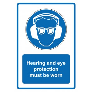 Aufkleber Gebotszeichen Piktogramm & Text englisch · Hearing and eye protection must be worn · blau (Gebotsaufkleber)