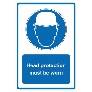 Aufkleber Gebotszeichen Piktogramm & Text englisch · Head protection must be worn · blau | stark haftend (Gebotsaufkleber)